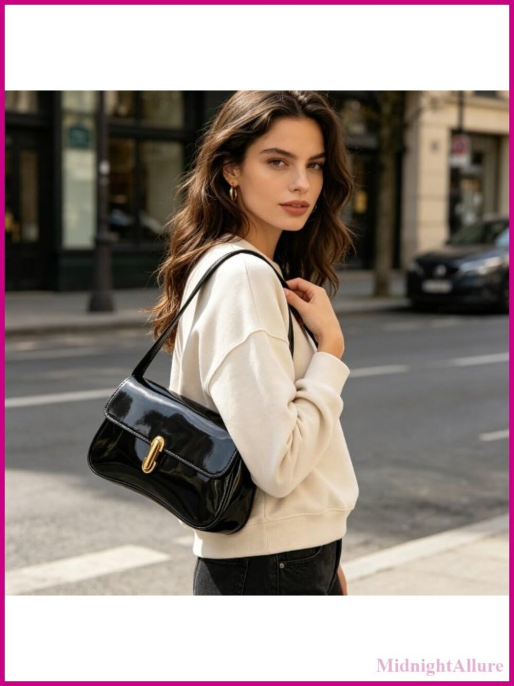 Patent Leather Underarm Shoulder Bag Retro Clutch Purse Gold Buckle Casual